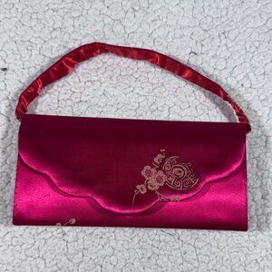 Asian Red Satin Envelope Clutch Bag Purse Floral Embroidery